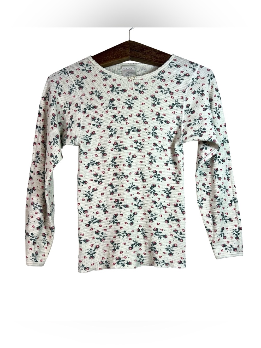 Vintage Partners Intimates Heart Floral Thermal Long Sleeve Shirt L (Runs Small)